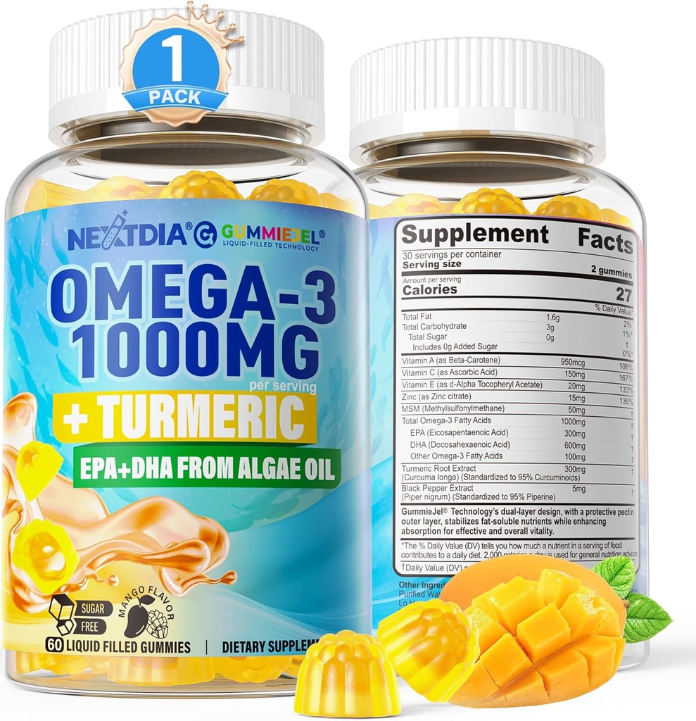 Vegan Omega-3 Gummies 1000 mg + Turmeric - Omega 3 Fish Oil Alternative for Yetişkinler - Algae DHA 600 mg & EPA 300 mg, Vitamins A, C, E, çinko & MSM, Sugar Free, 60 Cts