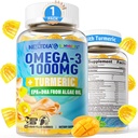 Vegan Omega-3 Gummies 1000 mg + Turmeric - Omega 3 Fish Oil Alternative for Yetişkinler - Algae DHA 600 mg & EPA 300 mg, Vitamins A, C, E, çinko & MSM, Sugar Free, 60 Cts