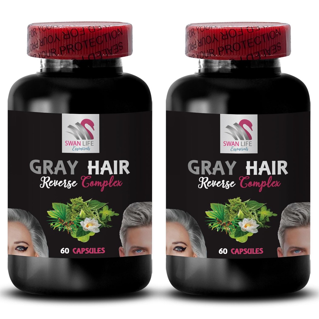Αποκατάσταση μαλλιών - GRAY HAIR REVERSE - λαμπρότητα μαλλιών, Επαναφορά της δόνησης, λύση περιποίησης μαλλιών, Ανανέωση του χρώματος των μαλλιών, Αποκατάσταση χρώματος, τον τόνο των μαλλιών, Αψηφώντας την ηλικία των μαλλιών, Δόνηση χρώμα μαλλιών 2 μπουκάλια 120 Caps