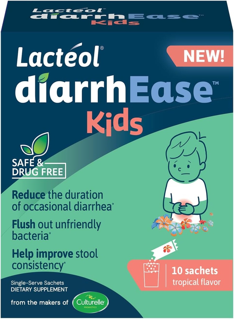 DiarrhEase Kids - ένα ασφαλές, χωρίς φάρμακα και κλινικά δοκιμαστεί μεταβιοτικό στέλεχος που συντομεύει τη διάρκεια της περιστασιακής διάρροιας- λειτουργεί φυσικά με το σώμα του παιδιού σας, 10 κόμης