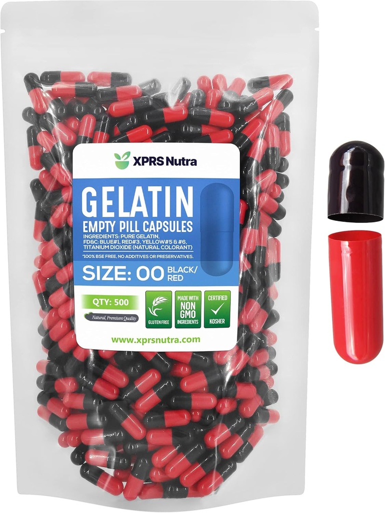 XPRS Nutra Μέγεθος 00 Κενές κάψουλες - 500 Count Empty Gelatin Κάψουλες - Χάπια DIY Καψάκιο Γέμισμα - Γέμισμα χάπια Gel Caps για Do-It-Yourself Συμπληρώματα (Μαύρο/κόκκινο)