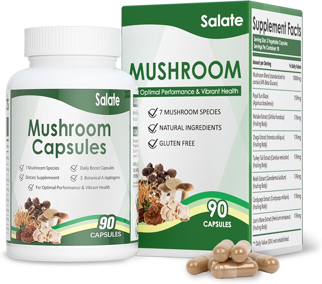 Συμπλήρωμα μανιταριών του Salate Lion Organic Mushroom Extract for Memory and Focus, Immune Support Brain Caps, 100% Fruit Body Extracts, No Mycelium Vegan Mushroom Supplement (90 Caps)