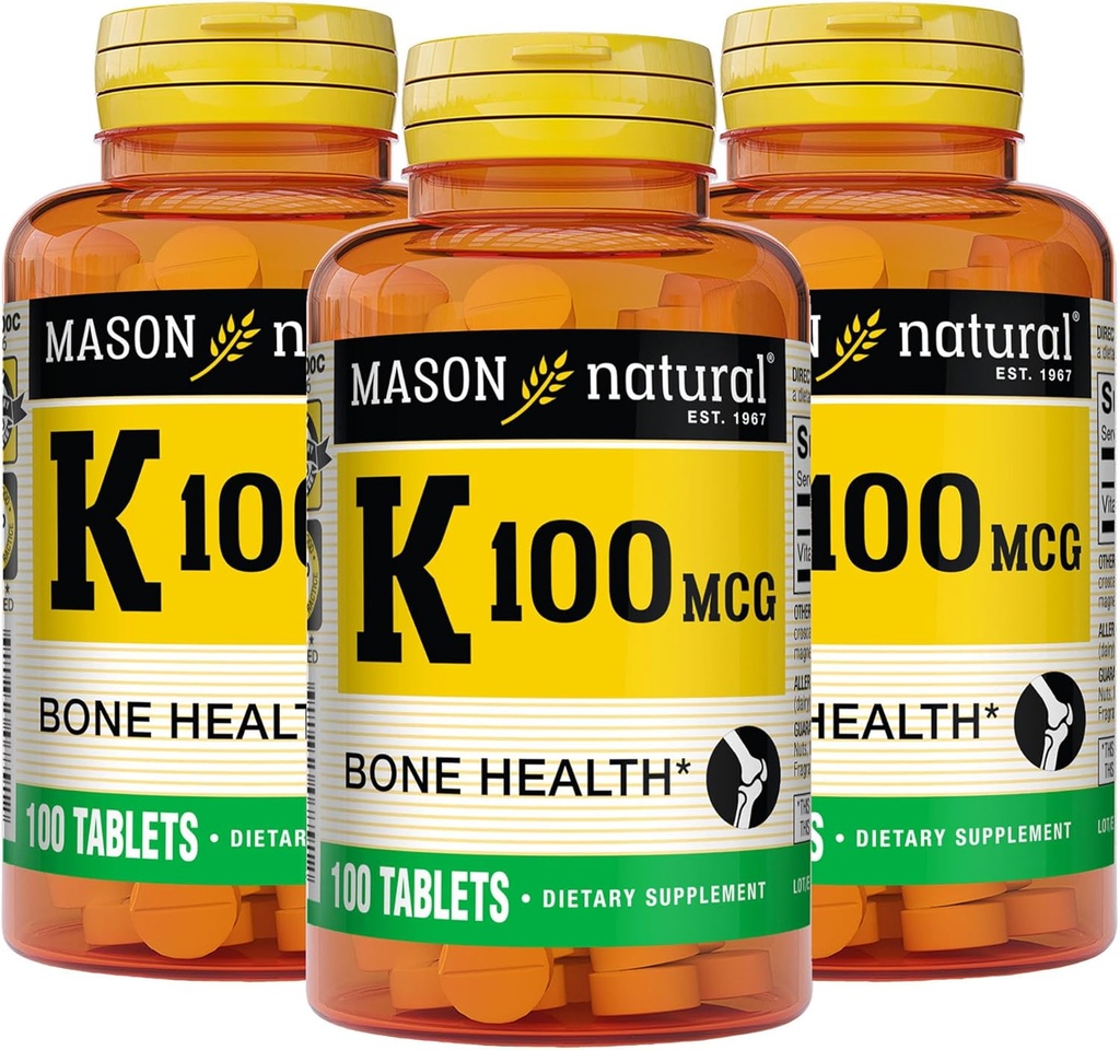 MASON ΦΥΣΙΚΗ Βιταμίνη Κ 100 mcg, Υποστηρίζει την υγεία των οστών και των αρθρώσεων, βοηθά την απορρόφηση ασβεστίου, 100 δισκία, συσκευασία των 3