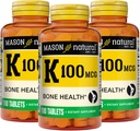 MASON ΦΥΣΙΚΗ Βιταμίνη Κ 100 mcg, Υποστηρίζει την υγεία των οστών και των αρθρώσεων, βοηθά την απορρόφηση ασβεστίου, 100 δισκία, συσκευασία των 3