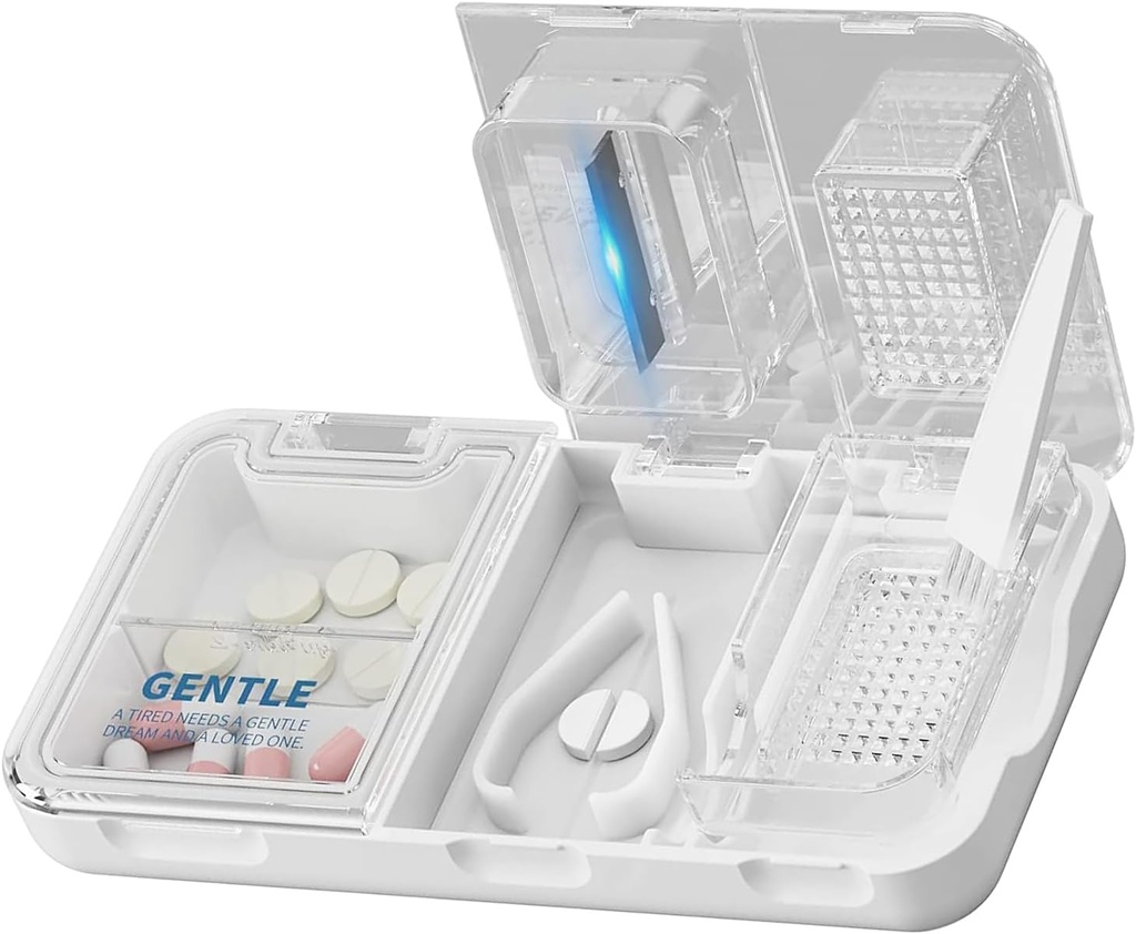 CFMOUR 3-in-1 Pill Machinery Splitter for Small and Tiny Pills, Crusher, Büyük, Günlük Kullanım için paketleme, Güvenli Kes Piller, Vitaminler, Tabletler, Doğru ve Kolay Kesme, Seyahat Boyutlu, White