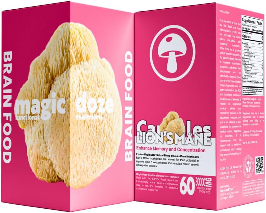 Magic DozeTM Lion's Mane Mushroom Capsules - Focus, Memory & Brain Health için 100 Meyveli Vücut - Capsule, 60 Vegan Capsules