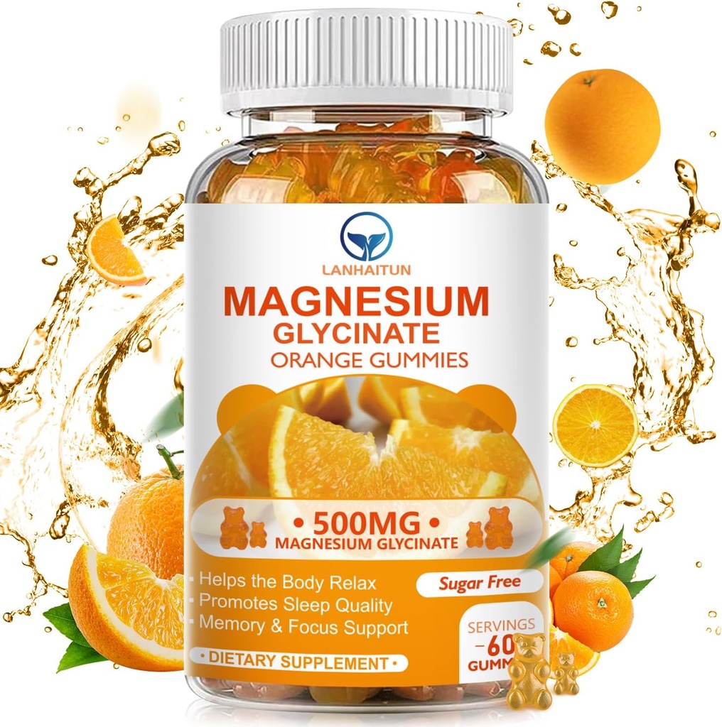 Γλυκινικό μαγνήσιο 500mg Gummies με 100mg L-Θρεονικό μαγνήσιο για ενήλικες παιδιά, Magnesium Gummies Sugar Free Μαγνήσιο Κάλιο συμπλήρωμα με βιταμίνη D,B6,CoQ10 (60 Pack, Orange)