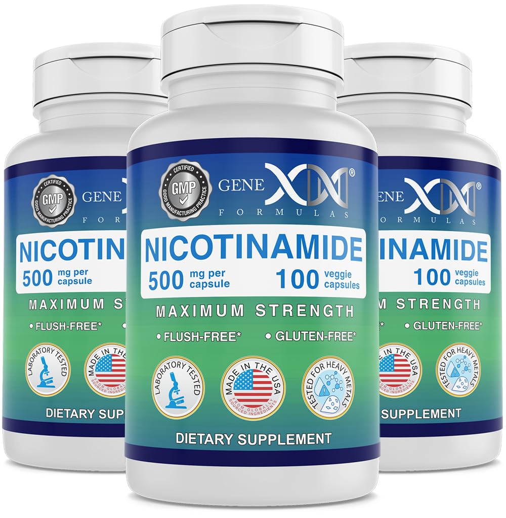 Genx Formulas Nicotinamid 500 mg (3-Pack) Vitamin B3 Flush Sağlıklı Cilt Için Serbest Niacin Capsules - Niacinamid Tamam Pills Keratin & Support Skin Health & Energy (300 Capsules)