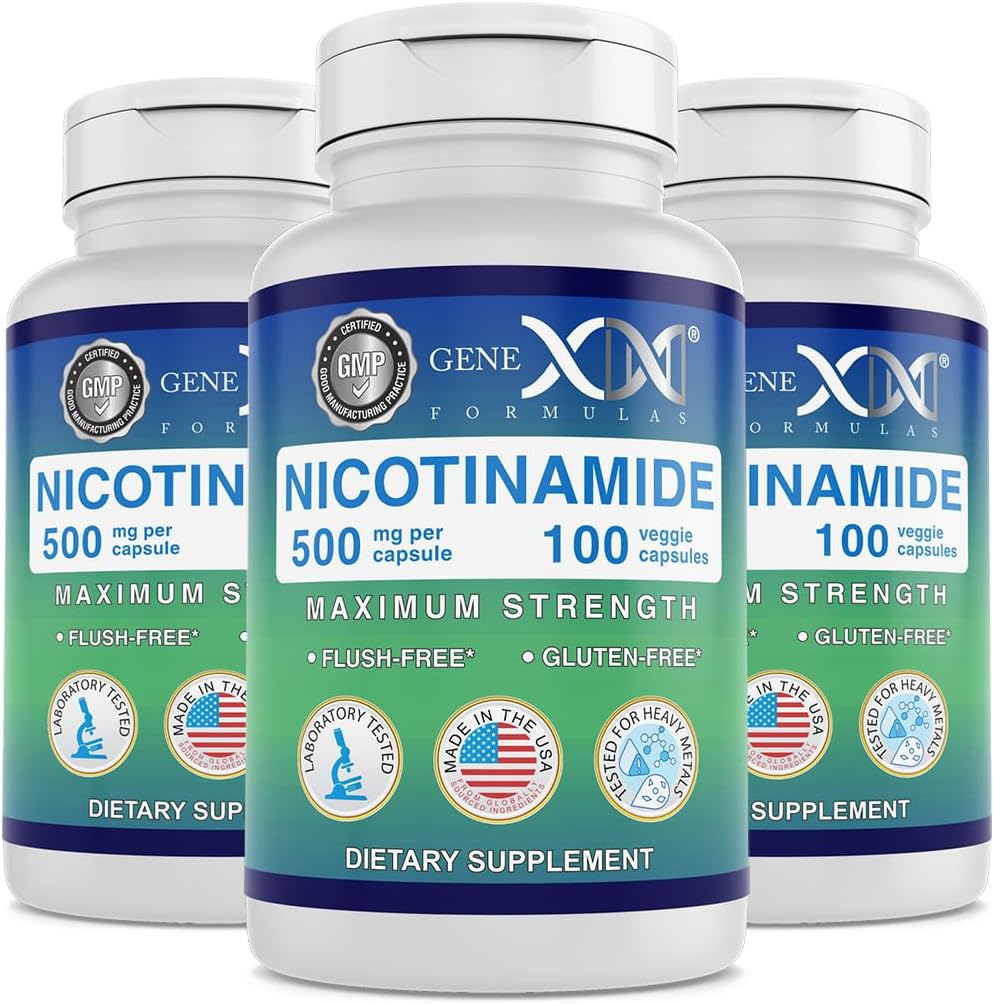 Genx Formulas Nicotinamid 500 mg (3-Pack) Vitamin B3 Flush Sağlıklı Cilt Için Serbest Niacin Capsules - Niacinamid Tamam Pills Keratin & Support Skin Health & Energy (300 Capsules)