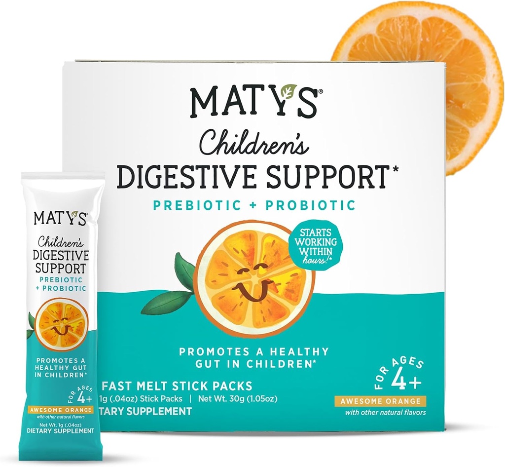 Matys Children’s Digestive Support, Prebiotic & Probiotic Powder Packs for Kids Digestive Health, Ages 4 Years +, Awesome Orange Flavor, No Added Sugar, Gluten Free, Fast Melt, 30 Single Serve Packets