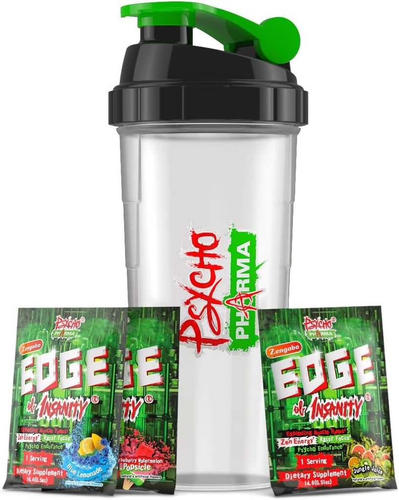 Psycho Pharma Edge of Insanity Pre Workout – Strongest High Stim Powder for Intense Pumps, Strength, Energy & Focus – 3 Δείγμα Γεύσεων + Free Shaker Cup (Jungle Juice, Blue Lemonade, Φράουλα)
