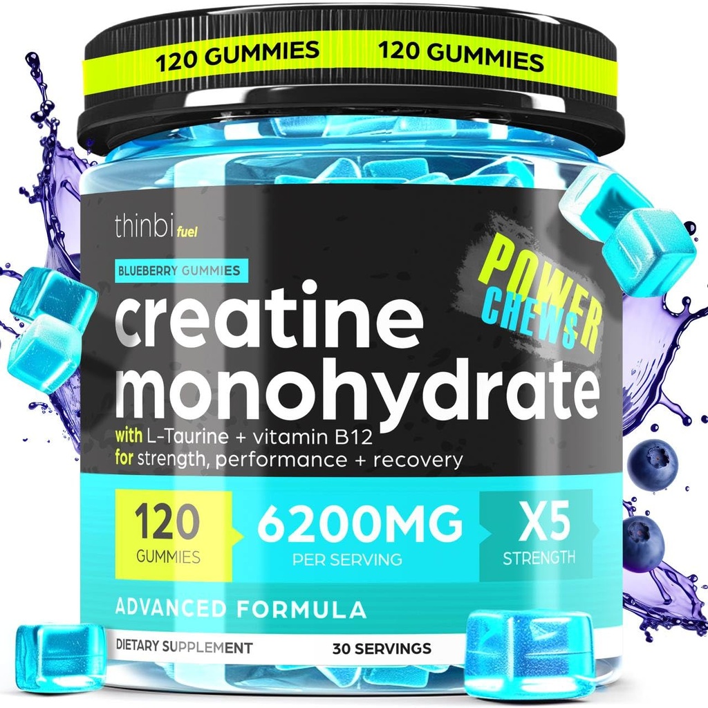Creatine Monohydrate Gummies Complex 6200mg για άνδρες και γυναίκες - 120 Gummies Advanced Formula W/L-Taurine + Βιταμίνη B12 για μυϊκή δύναμη, μυοδομήτης, ενίσχυση ενέργειας, συμπλήρωμα προ-εργασίας - Thinbi