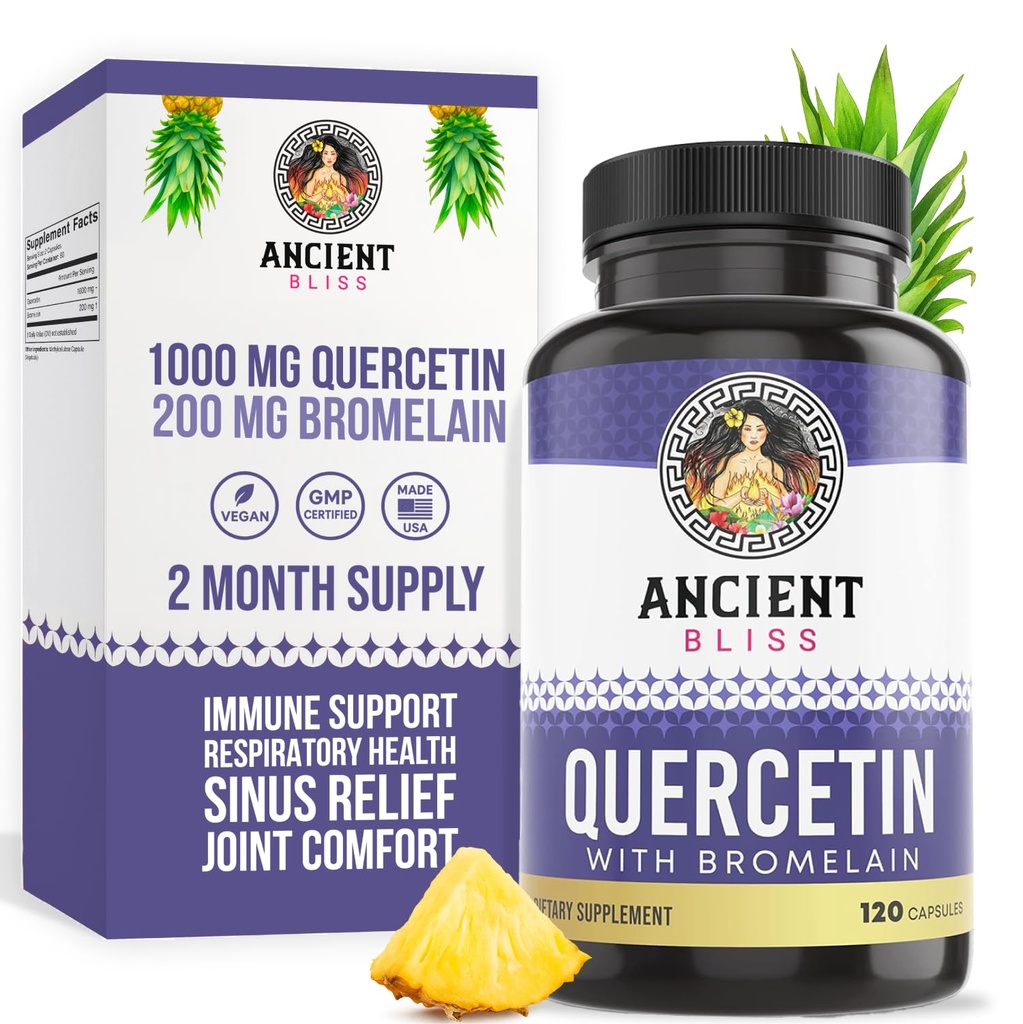 Eski Bliss Quercetin with Bromelain | Quercetin 1000 mg Bromelain 200 mg per Service | Supports Immune System, Joint Health, Respiratory Health & General-Being – 120 Capsules
