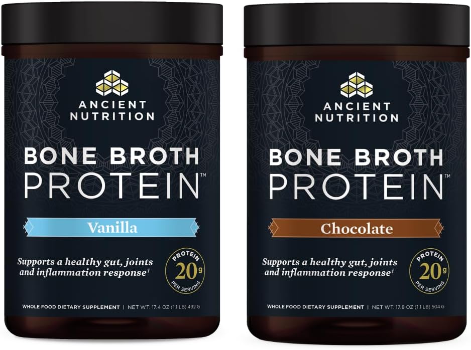 Ancient Nutrition Bone Broth Protein Powder, Vanilla, 20 Servings + Bone Broth Protein Powder, Chocolate, 20 Servings