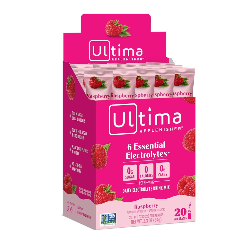 Ultima Replenisher, Electrolyte Hydration Drink Mix, Raspberry, 20 Count Stickpacks Box - Χωρίς ζάχαρη, 0 θερμίδες, 0 υδατάνθρακες - Χωρίς γλουτένη, Keto, Μη ΓΤΟ, Vegan