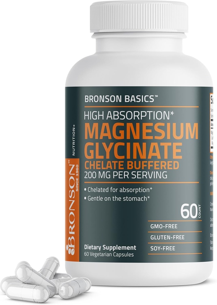 Bronson Μαγνήσιο Γλυκινικό 200mg Χημική Απορρόφηση Υψηλής Απορρόφησης Απορροφημένο Απαλό Στο στομάχι Μη-ΓΤΟ, 60 κάψουλες χορτοφάγων
