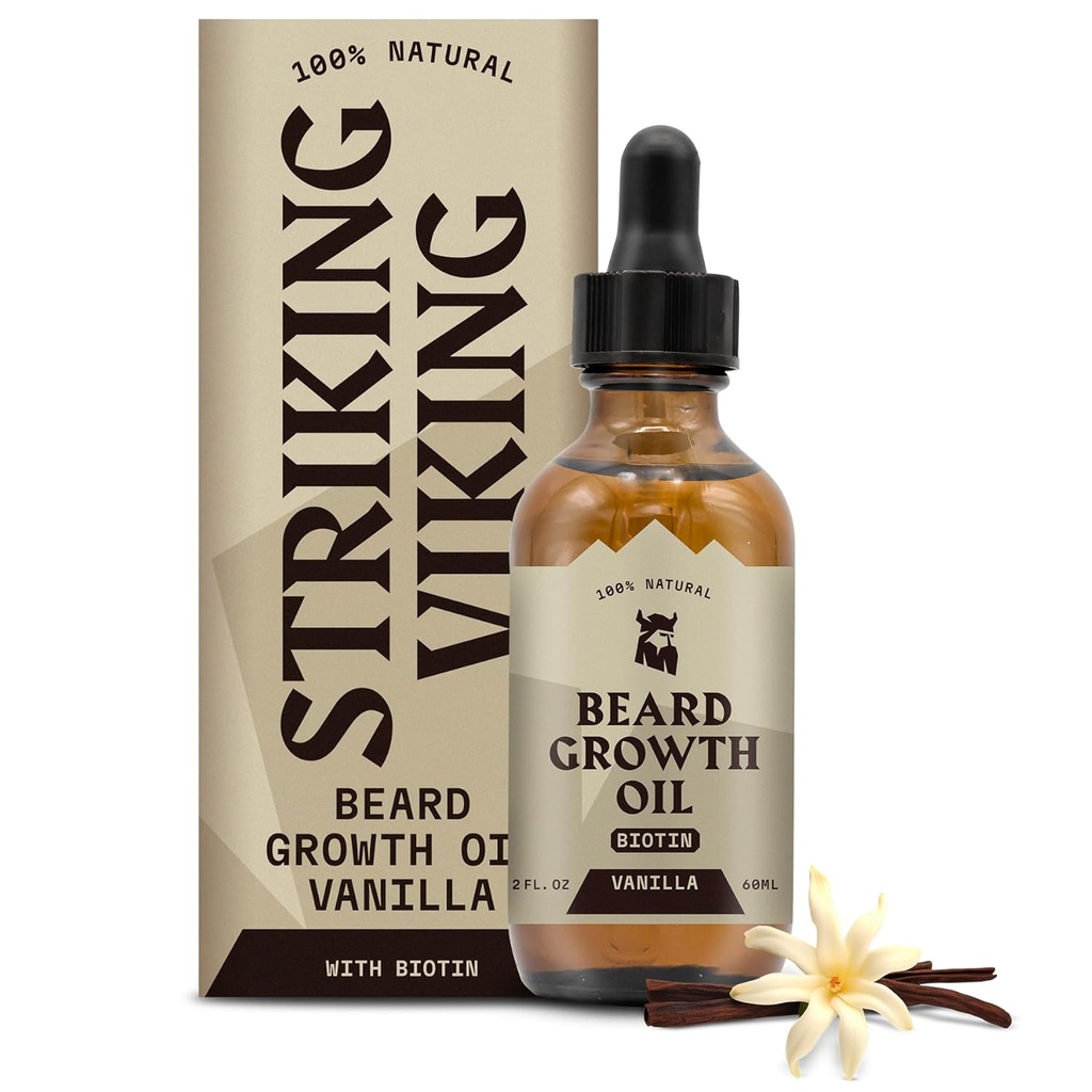 Striking Viking Beard Growth Oil with Biotin - 2 Fl Oz, Βανίλια - Πάχος, Conditioning Biotin Beard Oil Serum for Men with Argan & Jojoba - Ορός ανάπτυξης μαλλιών προσώπου για τους άνδρες