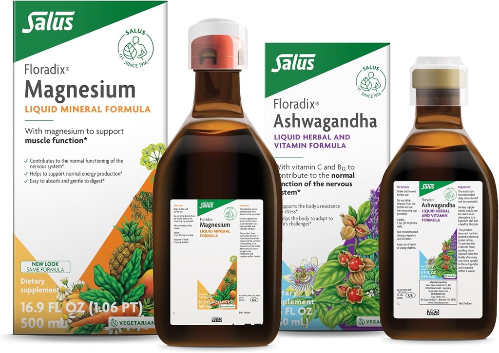 Floradix by Salus Magnesium (16.9 oz) & Ashwagandha Liquid (8.5 oz) Bundle - Μαγνήσιο για την υποστήριξη των οστών, Digestive Health & More* - Ashwagandha, Βιταμίνη C, Βιταμίνη B12 & More for Stress Support*