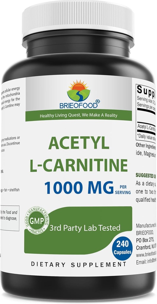 Brieofood Acetyl L-Carnitine 1000 mg EN 240 Capsules. Gluten-Free, Non-GMO.