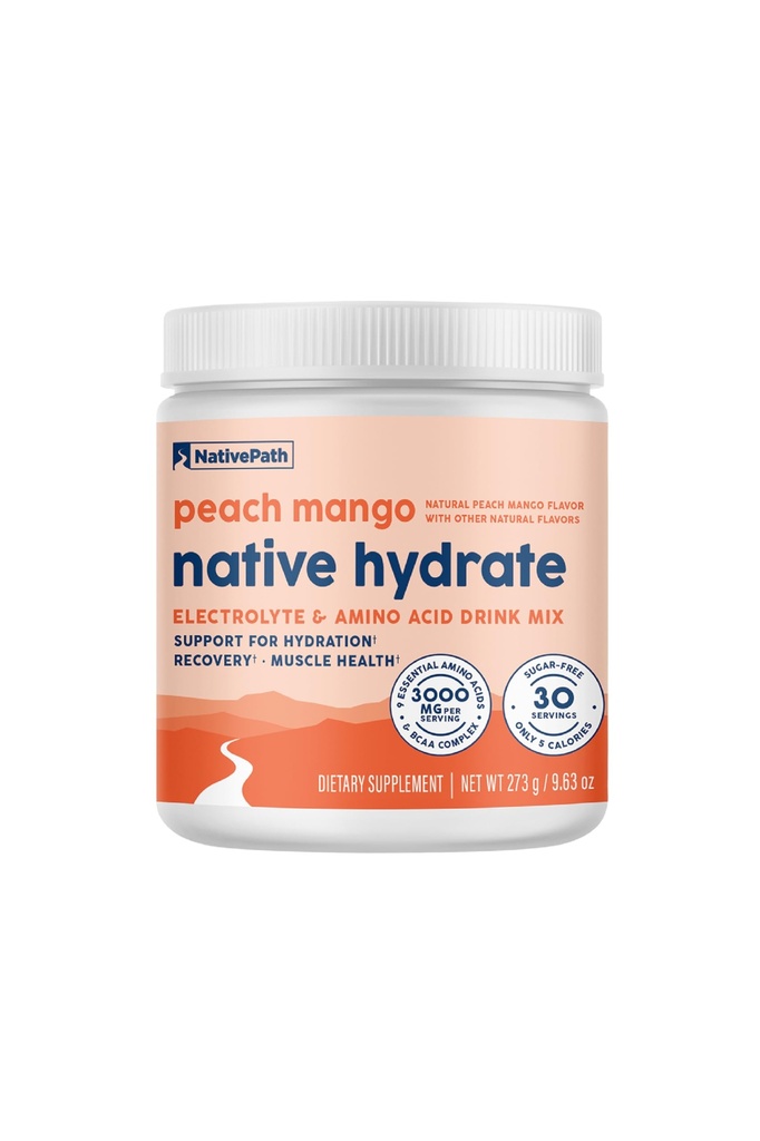 NativePath Native Hydrate, Zero Sugar, Ηλεκτρολυτές σκόνη με BCAAs, Ροδάκινο Mango Ενυδάτωση, Κέτο & Παλαιό Φιλικό, 30 Υπηρεσίες
