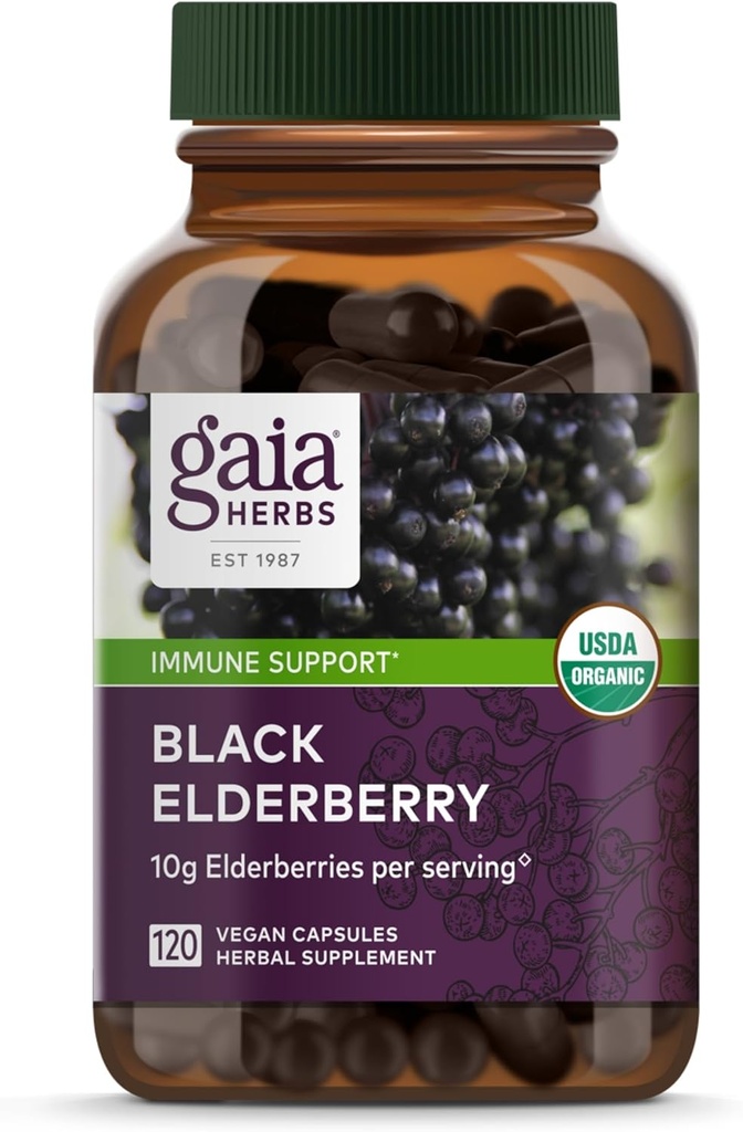 Gaia Herbs Black Elderberry - Günlük Immune Support Supplement to Help Wellness - Black Elderberries & Acerola Fruit for Antioksi Support* - 120 Vegan Capsules (60-Day Supply)