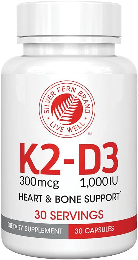 Ασημί Fern Vitamin K2-D3 Supplement Brand - Φυσικό, μη-συνθετικό - K2-7 ως Menaquinone-7 (MK-7) - D3 ως χοληκαλσιφερόλη - Οστική, καρδιά & την ενεργειακή υποστήριξη (2 μπουκάλια - 60 κάψουλες - 60 εξυπηρετούν)