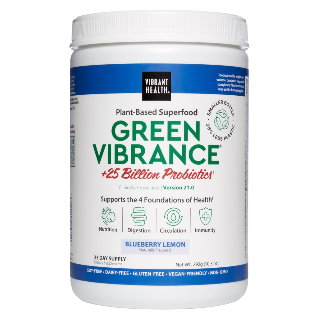 Ζωηρή Υγεία, Πράσινη Δόνηση, Superfoods σκόνη με 70+ Plant-based Whole Foods & 25 δις Probiotics ανά υπηρεσία, Blueberry λεμόνι, 25 σερβιρίσματα