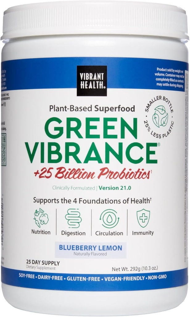Vibrant Health, Green Vibrance, Superfoods Powder with 70+ Plant-Based Whole Foods & 25 Billion Probiotics Per Serving, Blueberry Lemon, 25 Servings