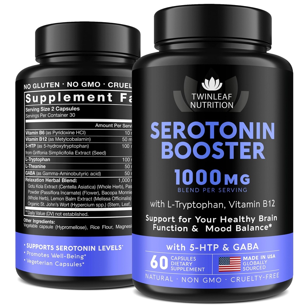 Doğal Serotonin Supplement - ABD 5HTP Serotonin & Cortisol Manager - Serotonin ATM 5HTP, B6, B12, GABA, L Theanine, L Tryptophan - 60 kapsüller