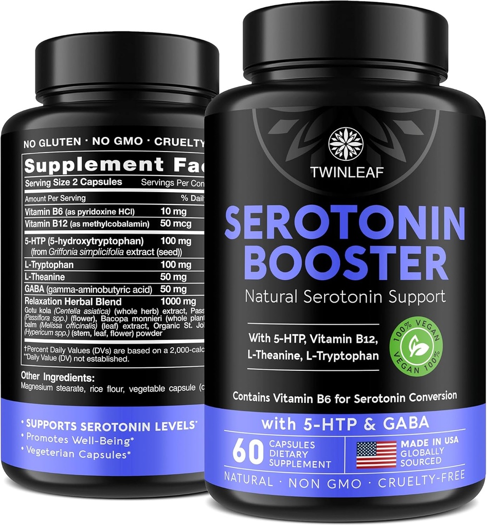 Natural Serotonin Supplement - Made in USA 5HTP Serotonin & Cortisol Manager - Σεροτονίνη Booster Vitamin Supplement for Women with 5-HTP, Vitamin B6, B12, GABA, L Theanine, L Tryptophan - 60 κάψουλες