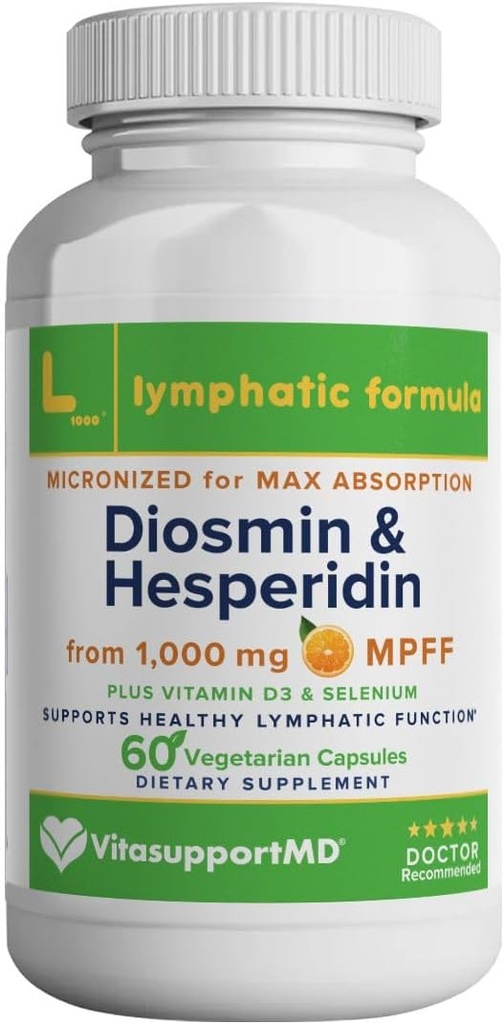 VITASUPPORTMD Lymphatic Formula, Diosmin Hesperidin 1000 mg, MPFF Lymphatic Support, Lymph System Support, Vitamin D3 ve Selenium Supplement, 60 Capsules