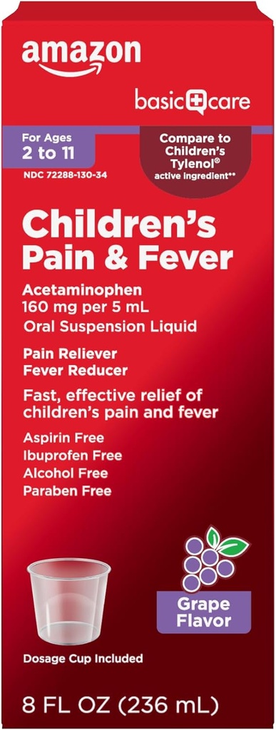 Temel Bakım Çocuk Ağrısı ve Ateş, Acetaminophen 160 mg 5 mL Oral Suspension, Grape Flavor, 8 fl ozzz