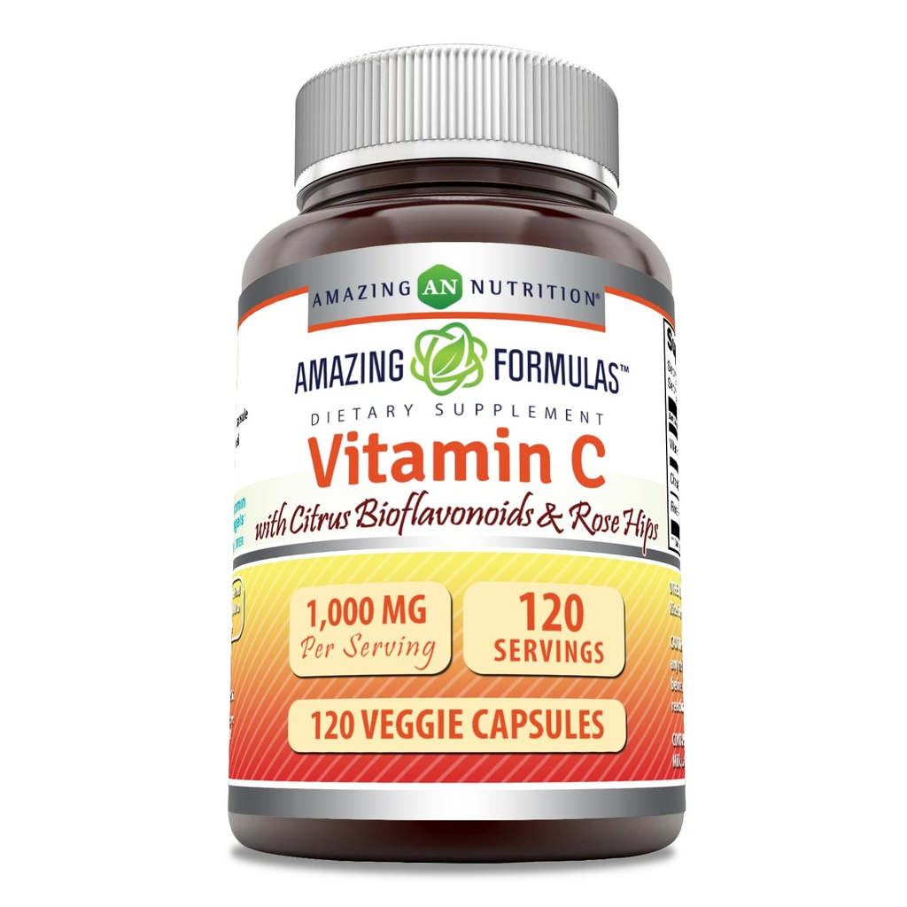 Amazing Formulas Vitamin C (Ascorbik asit) 1000 Mg with Rose HIPS & Citrus Bioflavonoyaks | Veggie Capsules Supplement | Non-GMO | Gluten Free | Made in USA (120 Count)