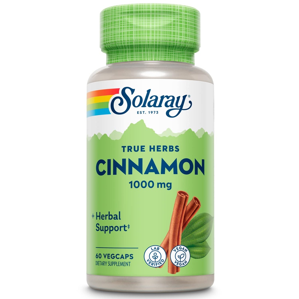 SOLARAY True Herbs Cinnamon Bark 1000 mg - Ground Cinnamon Supplements - Herbal Support for General Wellness - Non-GMO Project  Valid - Vegan Capsules, 60-Day Garanti - 30 Hizmet, 60 VegCaps