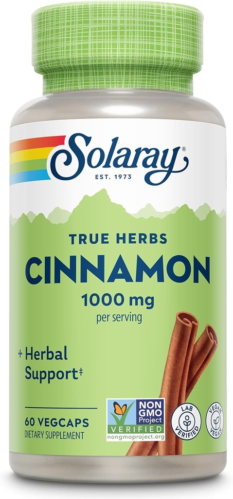 SOLARAY True Herbs Cinnamon Bark 1000 mg - Ground Cinnamon Supplements - Herbal Support for General Wellness - Non-GMO Project  Valid - Vegan Capsules, 60-Day Garanti - 30 Hizmet, 60 VegCaps