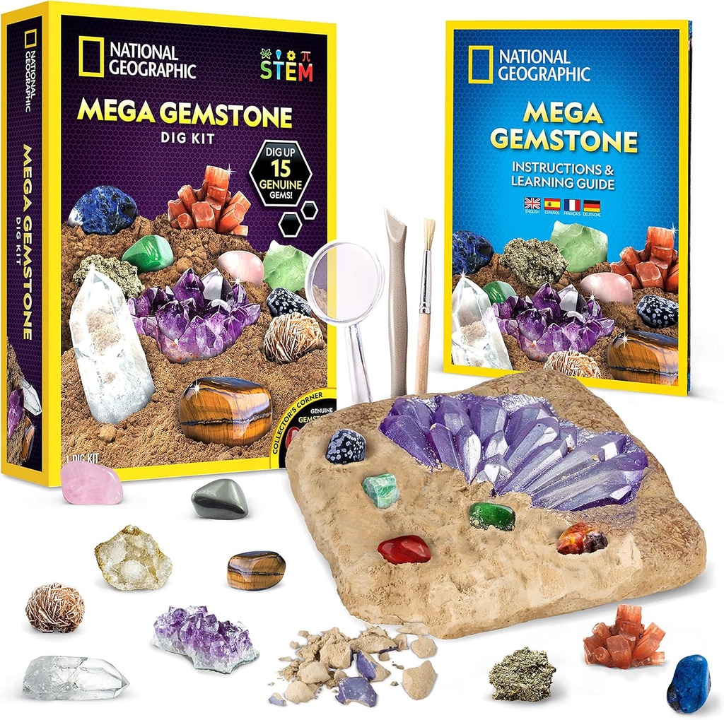 NATIONAL GEOGRAPHIC Mega Gemstone Dig Kit – Dig Up 15 Real Gemstones and Crystals, Science Kit for Kids, Gem Digging Kit, Girls for Girls and Boys, Mining Kit, Rock Collection