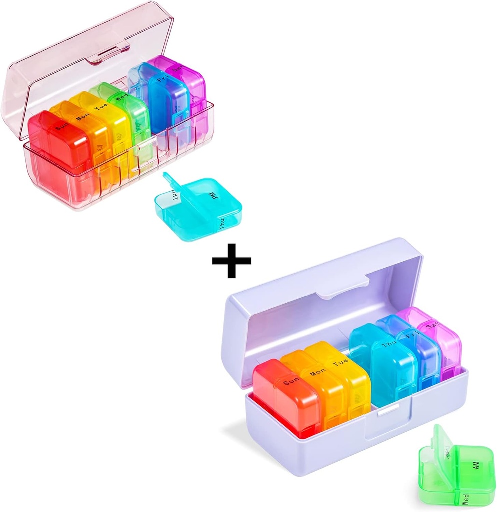 Zoxy Weekly Pill Organizer 2 Times a Day, Rainbow 7 Day Am Pm Pill Box, Daily Am Pm Pill Organizer 7 Gün, Portatif Vitamin Pill Case, Weekly Pill Box for Fish Oils, Vitamin, Supplement (2 Pack)