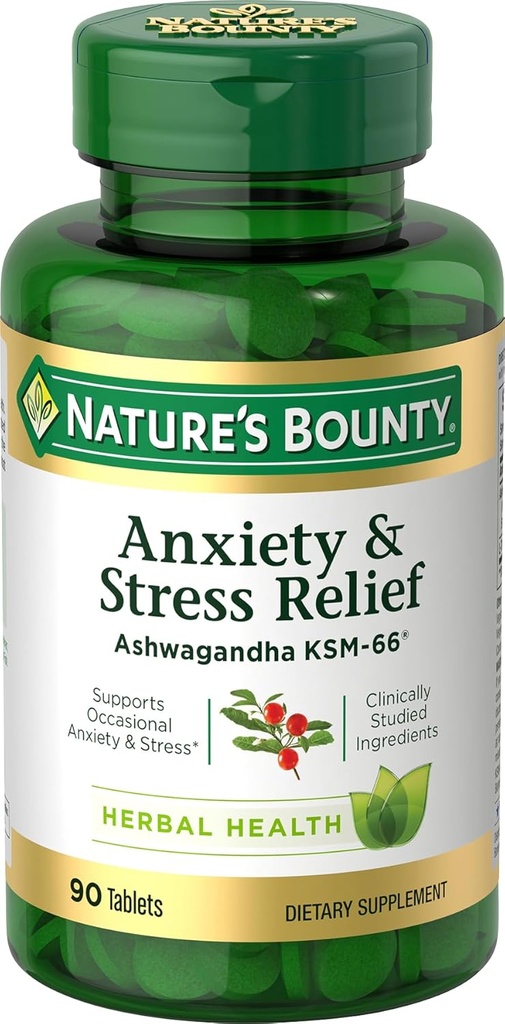 Nature's Bounty Stress Relief, Ashwagandha KSM-66, Supports Occasional Stress Relief, Diyetary Supplement, 2 Tabletler Günde Vejetaryen Tabletler, Gluten Free, 90 Ct