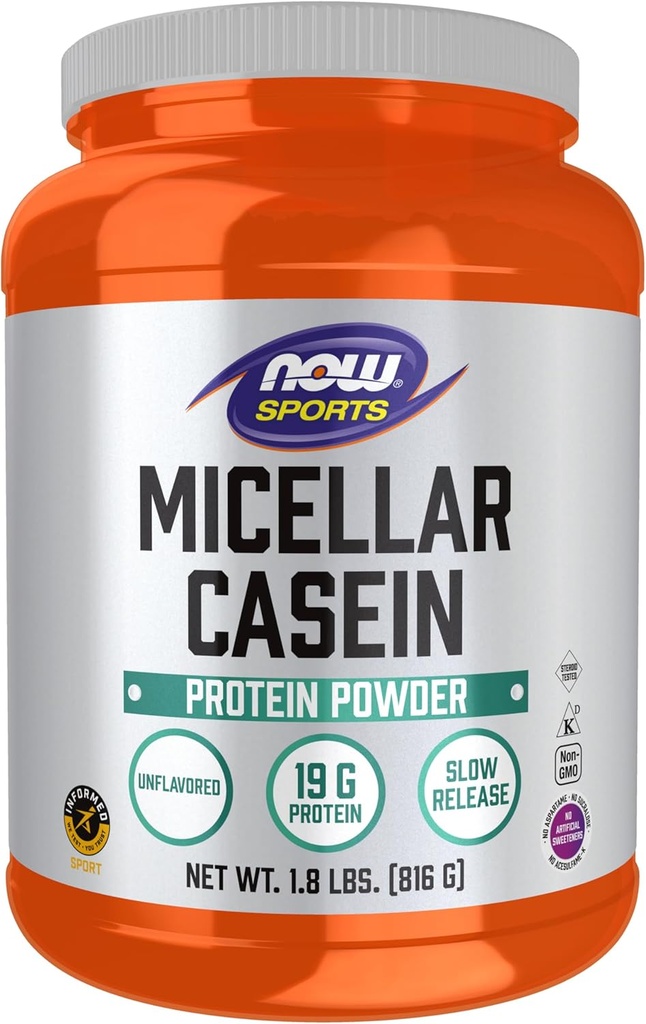 NOW Foods Sports Nutrition, Micellar Casein 19 g, Slow Release, Μη αρωματισμένη σκόνη, 1.8-Pound