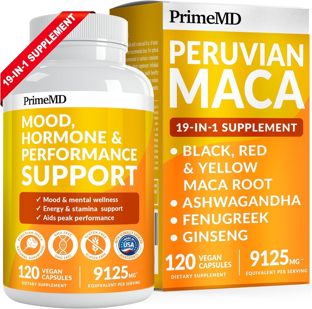 PrimeMD 19-in-1 Peruvian Maca Root Capsules - 9125 mg Ashwagandha Supplements with Maca Fenugreek and Ginseng for Mood, Hormon & Performans Desteği (120 Capsules)