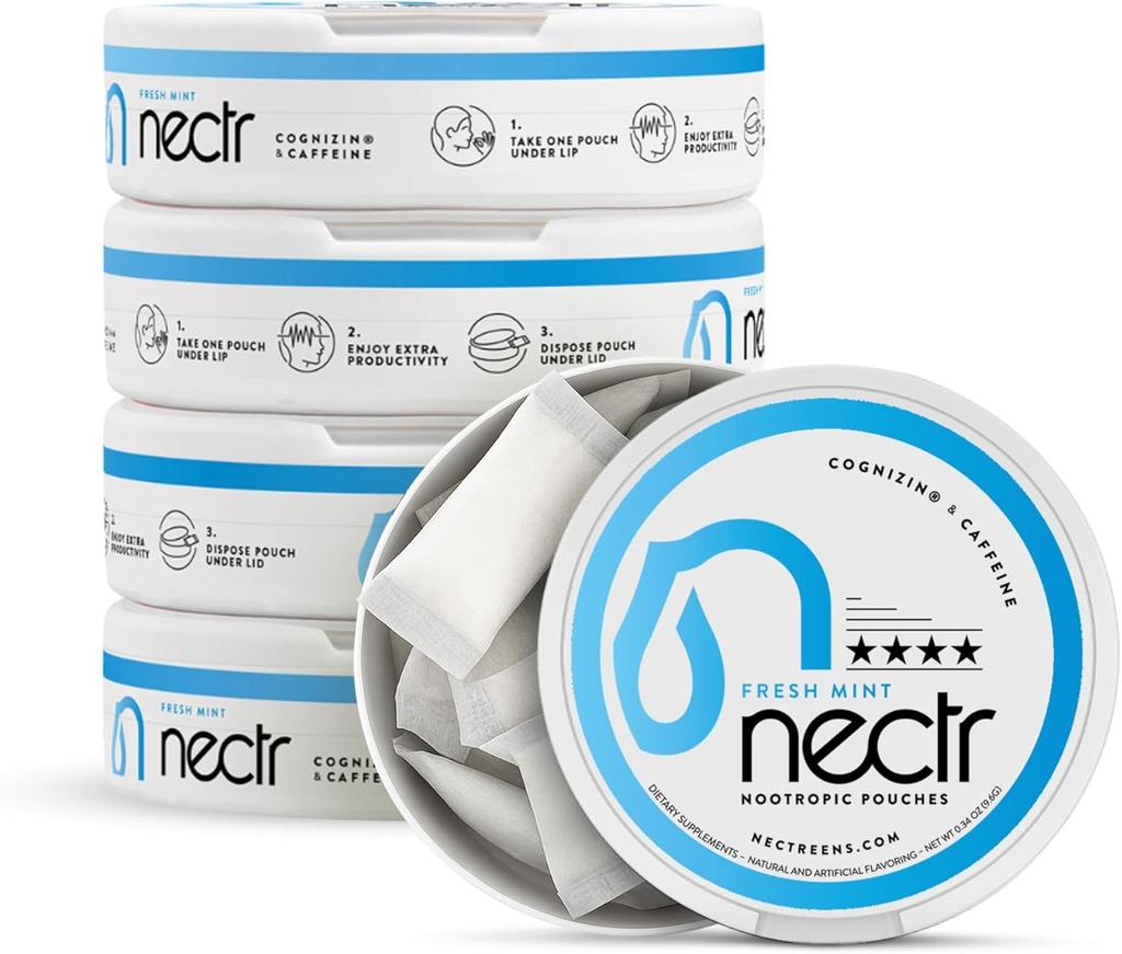 Nectr Enerji Nootropic Pouches – Fresh Mint Flavored, Caffeine Pouches with Cog ETF® Citicoline. Nicotine-Free Sugar-Free Brain Treats. Parlak, Sustained Focus & Energy Supplement - 16parçalının 5 Pucks