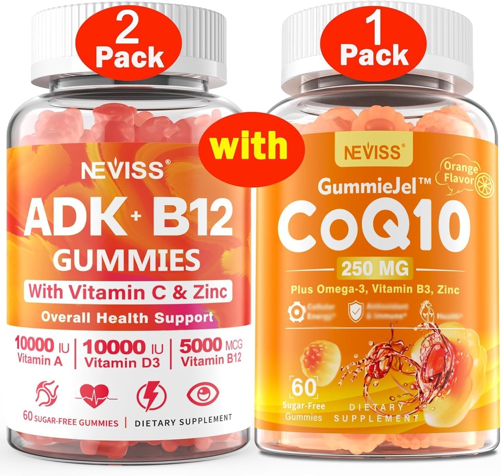 NEVISS 2Pack Vitamin ADK ile B12 Gummies + 1Pack CoQ10-250 mg Doldurulmuş Gummies