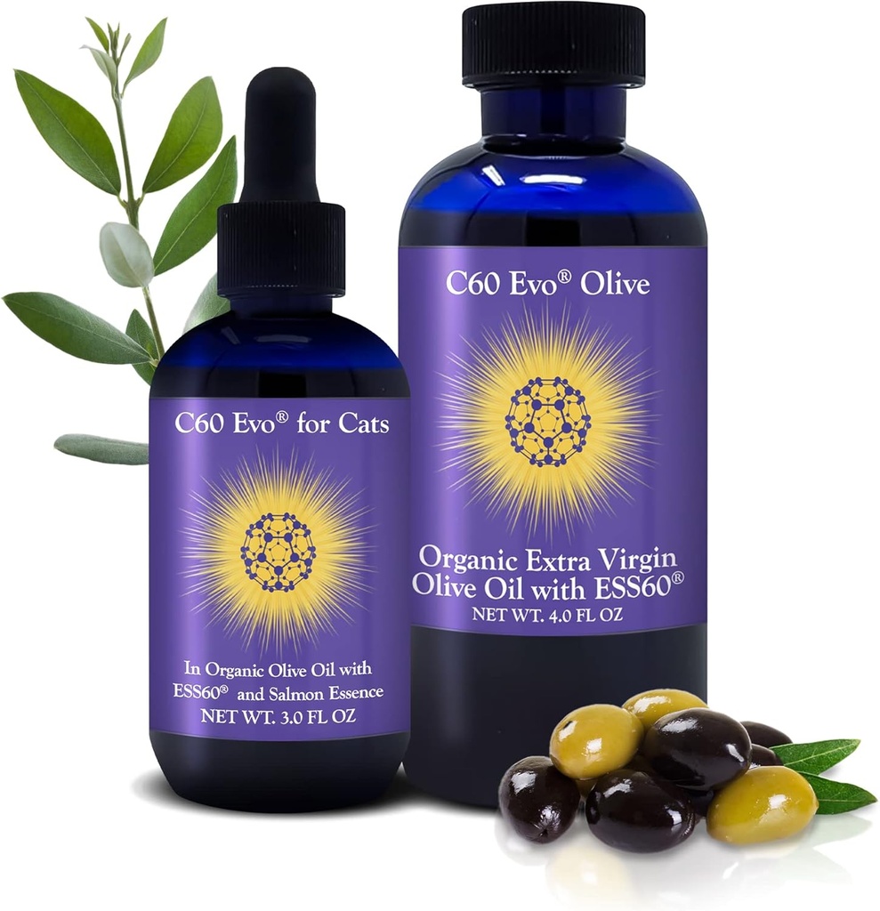 C60 Evo Cat Lover Set, 2 μπουκάλια καθαρό ESS60 σε Extra Virgin Olive Oil, 1 για τους ανθρώπους και 1 για Felines, Συμπληρώματα γάτας εγχύεται με φυσικό σολομό Essence, Must-Have Pet Προμήθειες και προϊόντα γάτας