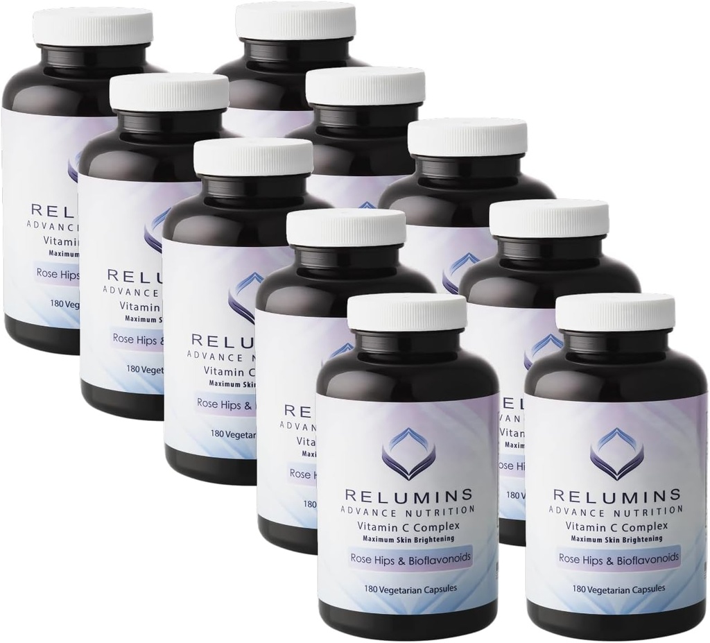 Relumins Advanced Vitamin C Supplement with Rose HIPS – 1000mg Vitamin C, Immune Support & Collagen Production, Made in USA - 180 Capsles x 10 Bottles