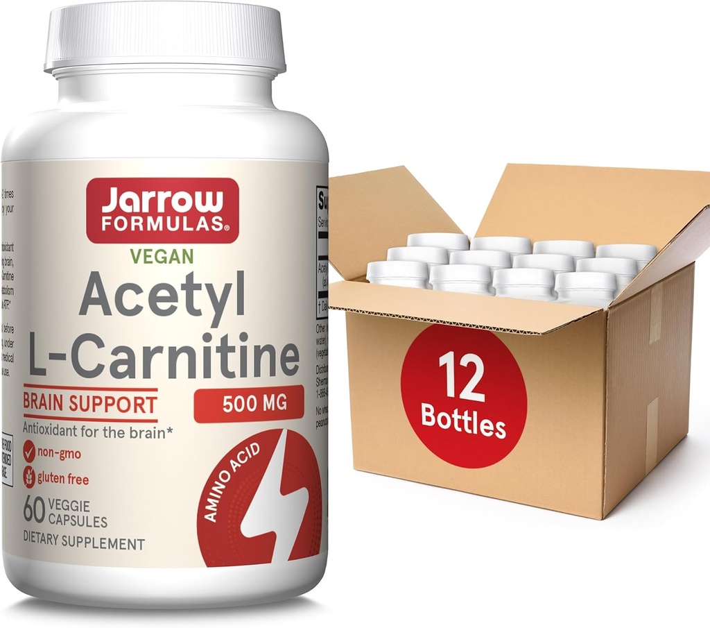 Jarow Formulas Acetyl L-Carnitine 500 mg, Συμπλήρωμα διατροφής, Υποστήριξη αμινοξέων για την υγεία του εγκεφάλου και αντιοξειδωτικά, 60 κάψουλες λαχανικών, 60 ημέρες προσφοράς (πακέτο των 12)
