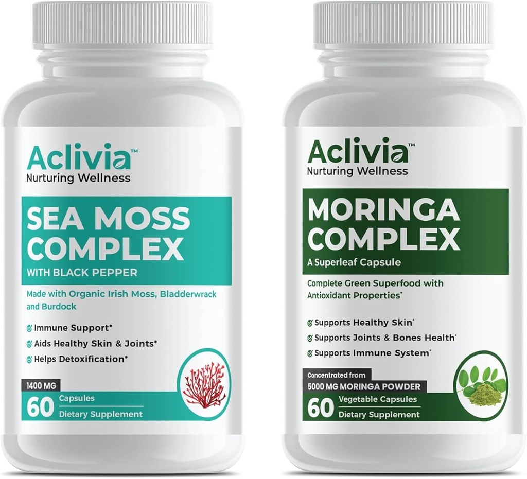 Organic Irish Sea Moss & Moringa Bundle - Sea Moss Κάψουλες με Bladderwrack, Burdock Root & BioPerine + Oleifera Leaf & Seed Extract 5000mg - Complex Superfood Complex - 60 Count Each