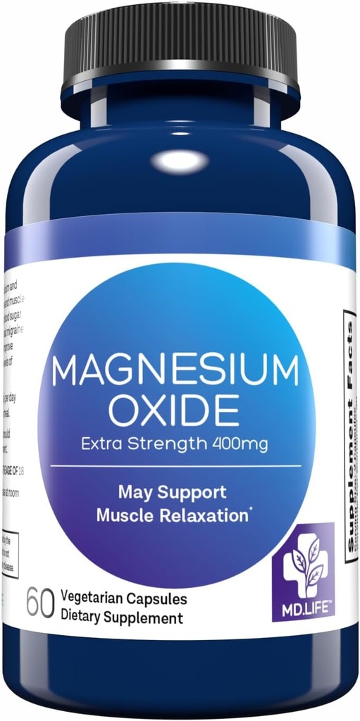 MD. Life οξείδιο του μαγνησίου 400mg κάψουλες - Υψηλή απορρόφηση συμπλήρωμα μαγνησίου για τα κνήμες ποδιών, τον ύπνο και την αγγειακή υγεία - 60 κάψουλες - χάπια μη ΓΤΟ για γυναίκες