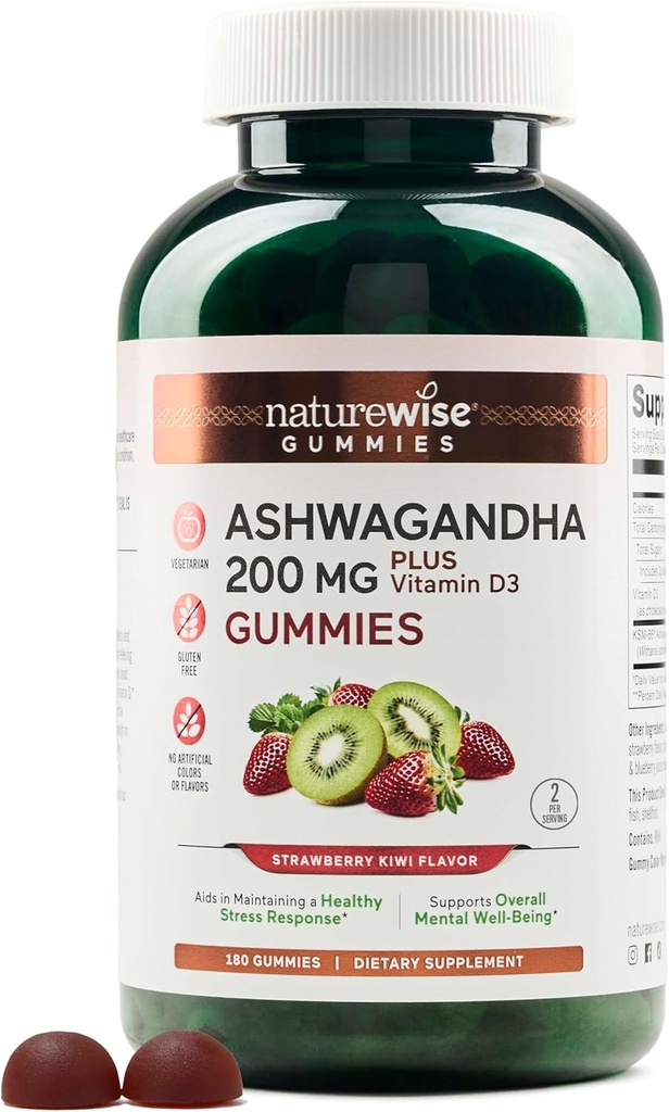 NatureWise Ashwagandha Gummies - Strawberry Kiwi - KSM-66 Vitamin D3 - Calming Mood Support - Vegetarian - Non-GMO, Gelatin ve Gluten Free - 180 Count[3-Month Supply]