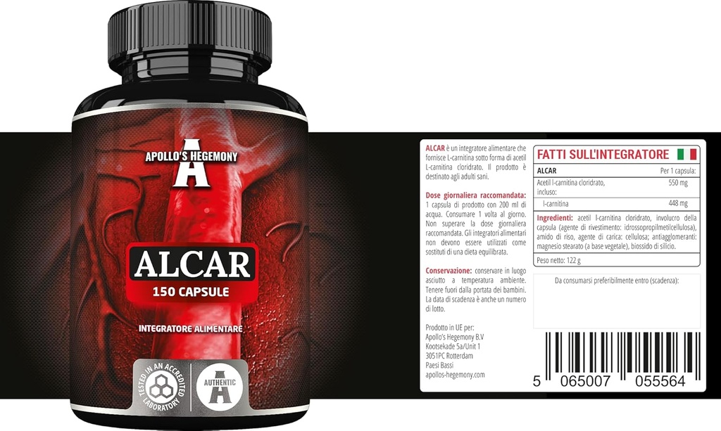 APOLLO'S HEGEMONY Acetyl L-Carnitine HCL 550 mg, ALCAR 150 Vegan Κάψουλες, 5 μήνες προσφοράς, υψηλή αντοχή Amino Acid συμπλήρωμα, υποστηρίζει γνωστικές λειτουργίες & επίπεδα ενέργειας
