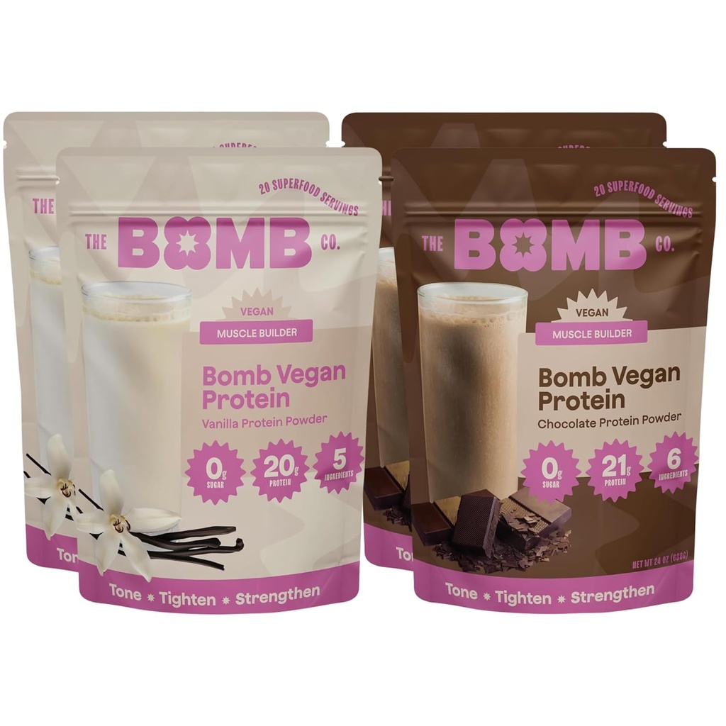 Blender Bombaları Bomb Co. Bomb Plant Protein, Chocolate & Vanilla Protein Toz 21g Protein, Amino Asits, Zero Sugar, Pea Protein, Cocoa, Chia Tohumlar, Vanilla & Monk Meyve, 60 Srvgs